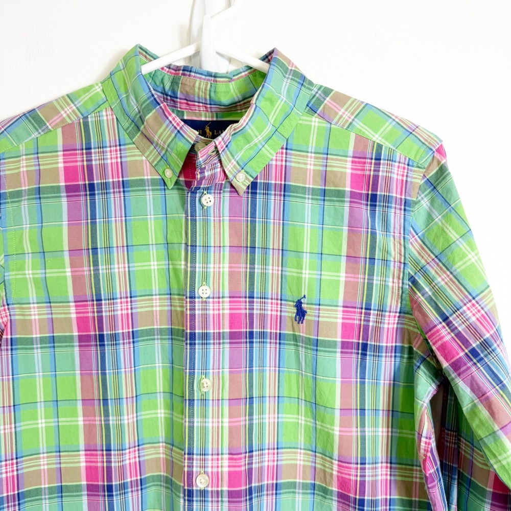 Polo Ralph Lauren Button Down Shirt Boys Large 14-16 Green Plaid Long Sleeve